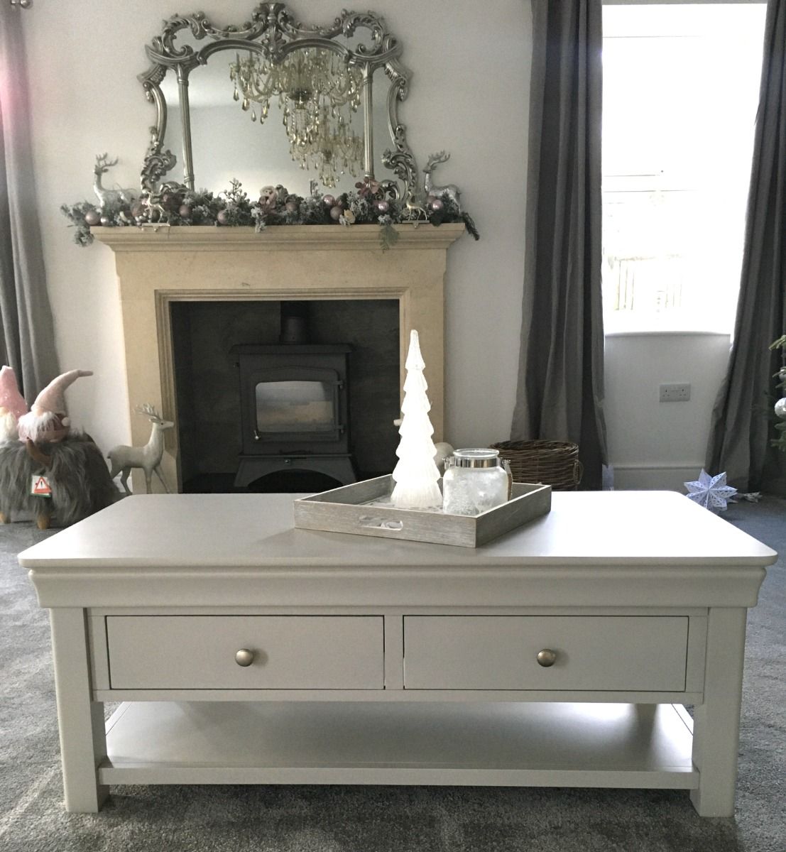 Toulouse Large Grey Painted Coffee Table 4 Drawers with Shelf - Spring sale