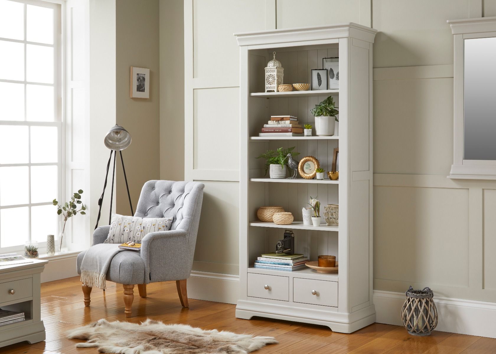 Toulouse Grey Painted Tall Bookcase 2 Storage Drawers - Spring sale