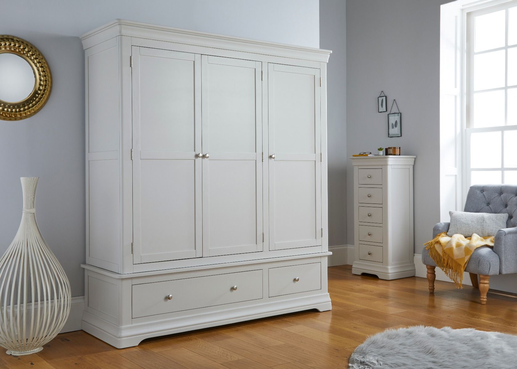 Toulouse Grey Painted Triple Wardrobe with Drawers - Spring sale