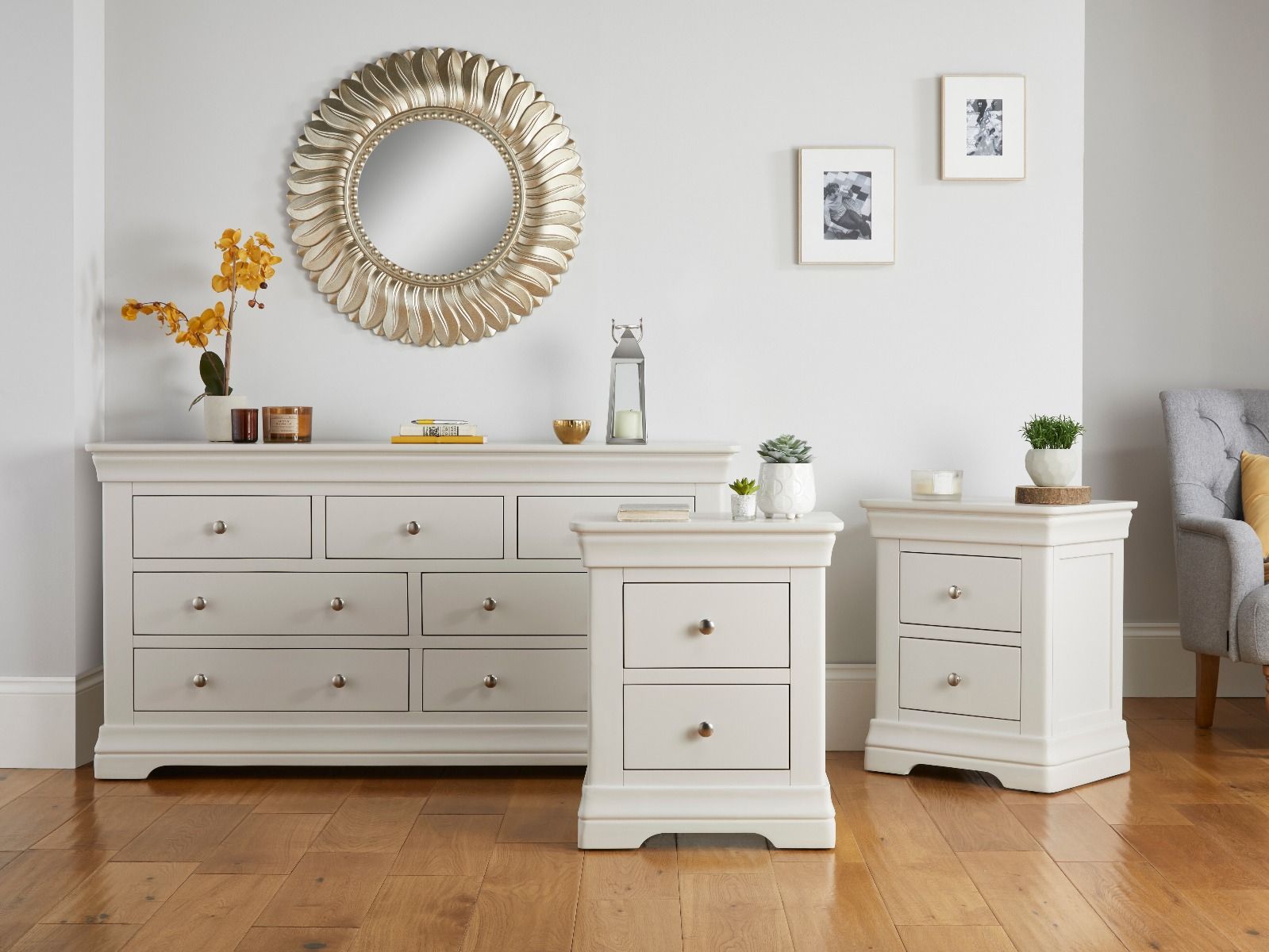 Bedroom Set - Toulouse Grey 3 over 4 Drawers and pair of Bedside Tables