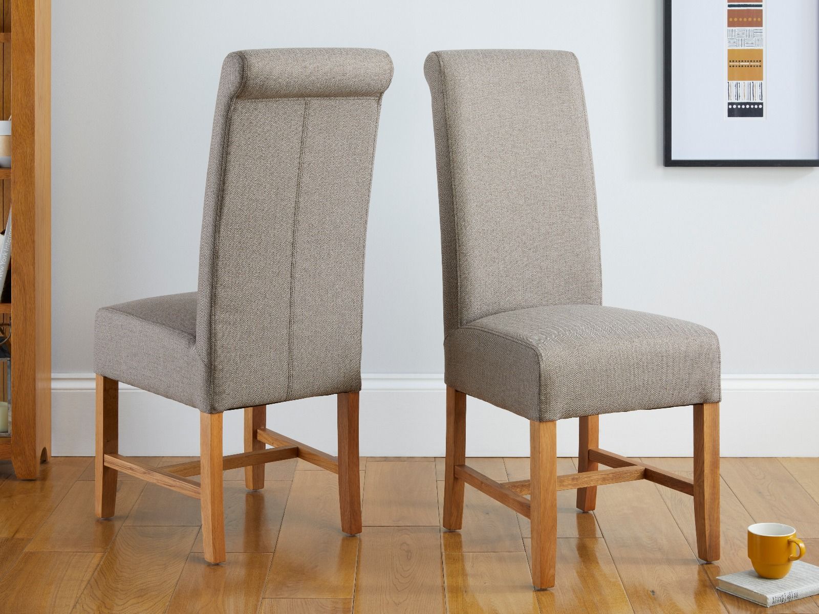 Harrogate Brown Herringbone Fabric Dining Chair with Oak Legs - Spring sale