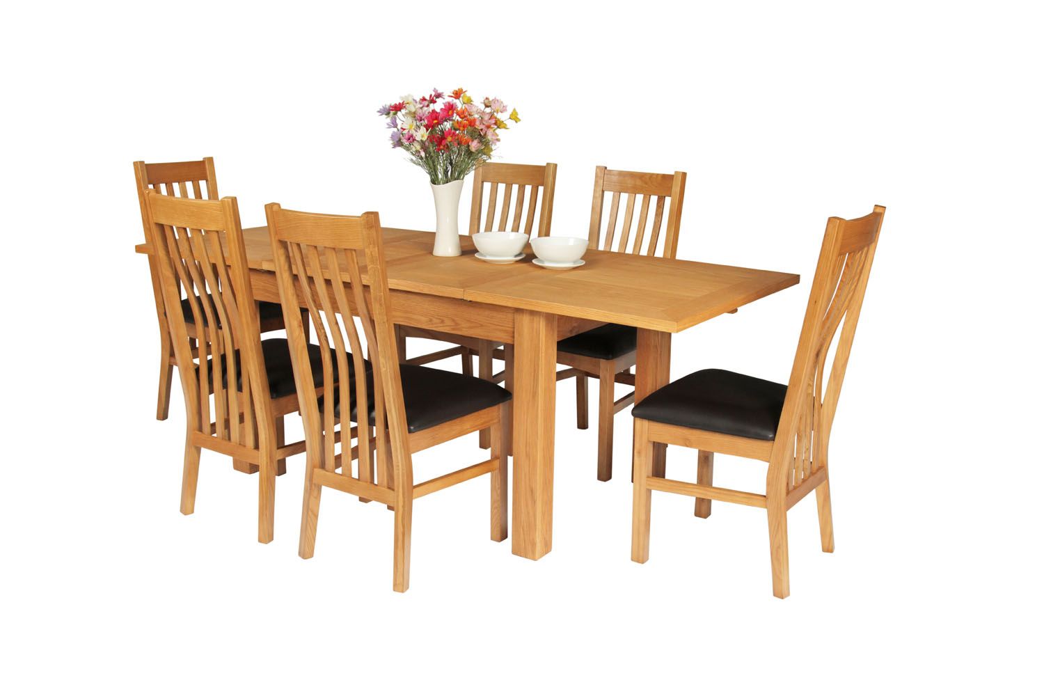 Lichfield 210cm Double Extending Oak Table 6 Chelsea Brown Leather Chairs