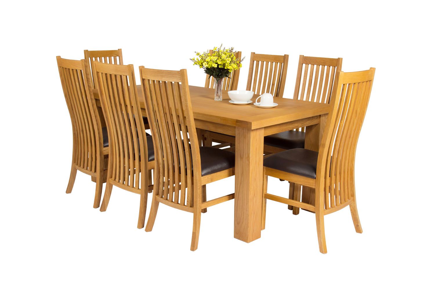Riga 180cm Oak Table 8 Lichfield Brown Leather Oak Chair Set