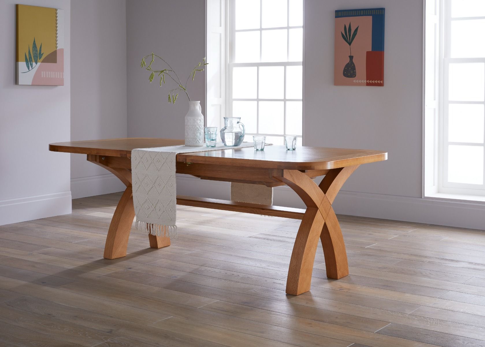 Country Oak 2.3m Extending Dining Table X Leg Oval Corners - Spring sale