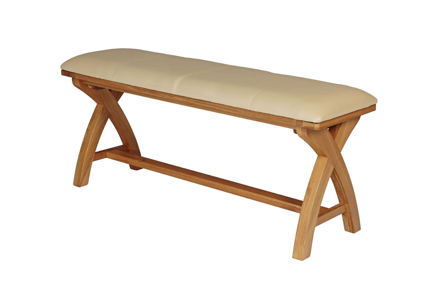 1.6m Cream Leather Country Oak Cross Leg Bench - Spring sale