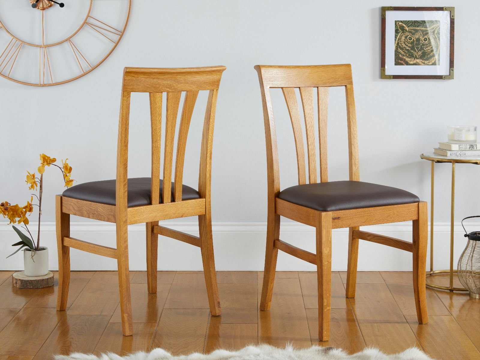 Victoria Oak Dining Chairs Brown Leather Pad - Spring sale