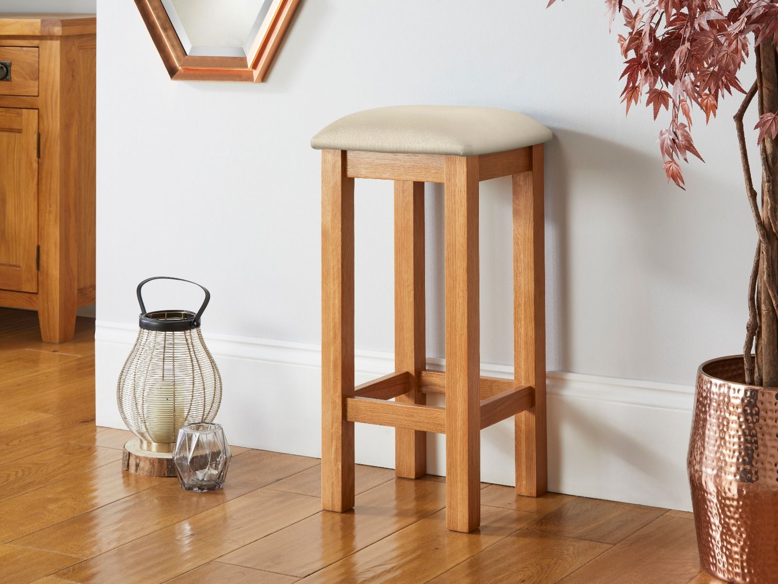 Baltic Solid Oak Cream Leather Small Kitchen Bar Stool - 25% OFF WINTER SALE