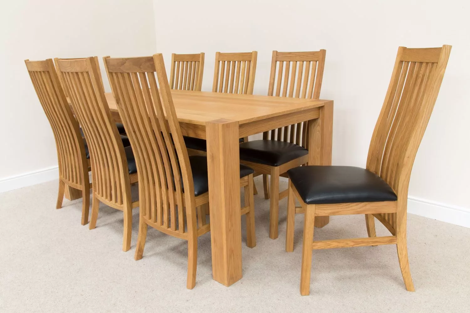 Cambridge Oak 1.8m 8 Seater Dining Table Black Leather Chair Set
