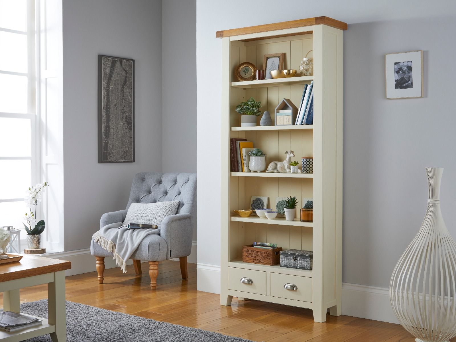 Country Cottage Cream Painted Tall Oak Bookcase with Drawers 10 OFF WINTER SALE