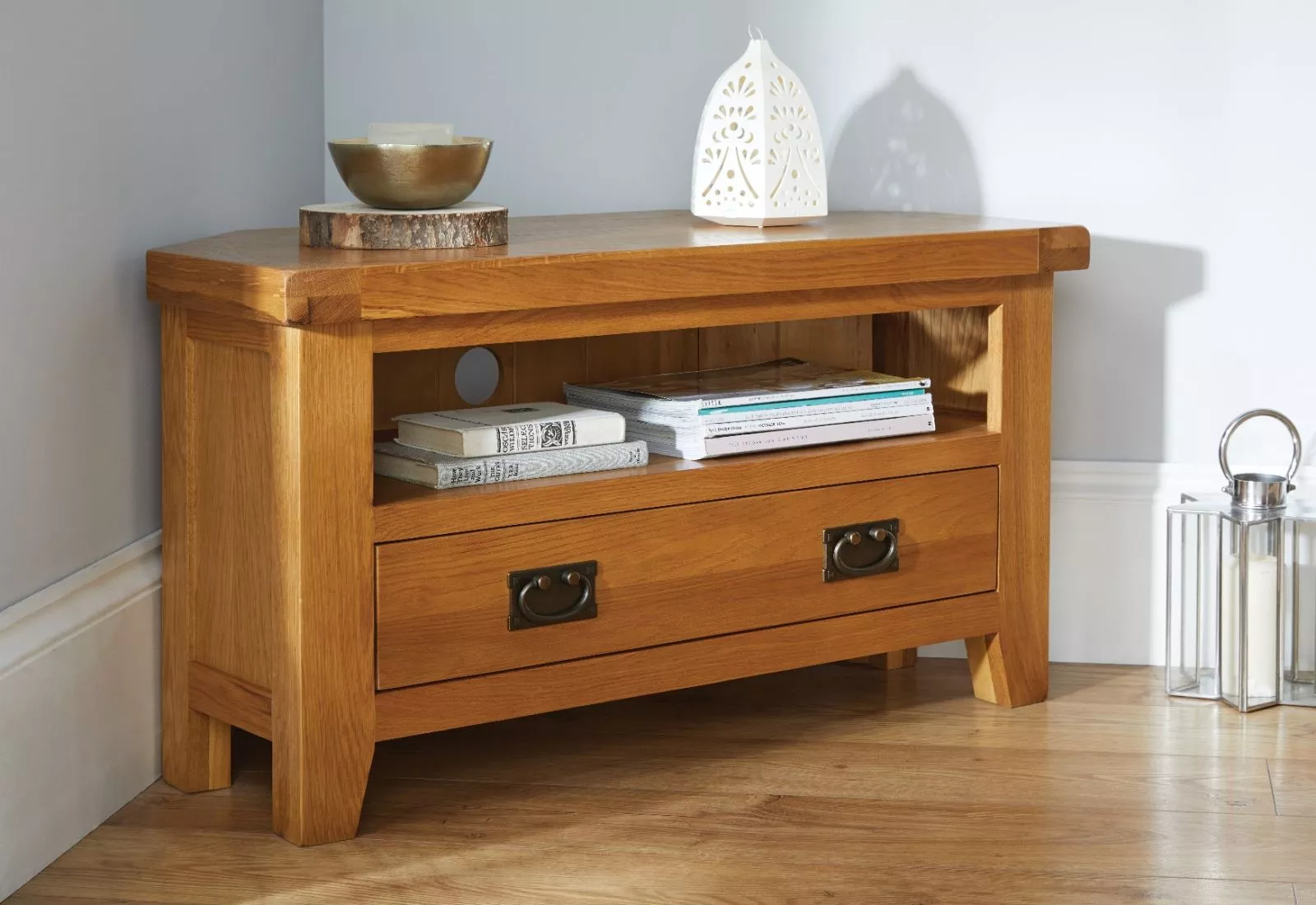 Country Oak Corner TV Unit with Drawer Free Delivery Top Furniture