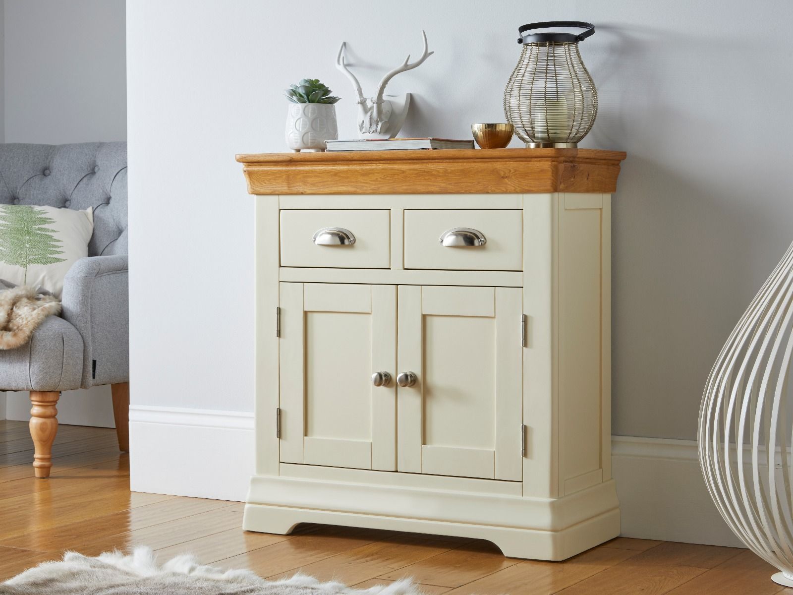 Farmhouse 80cm Cream Painted Small Oak Sideboard - 10% OFF CODE SAVE