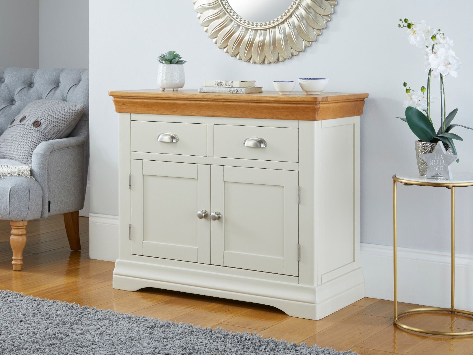 100cm Farmhouse Putty Grey Painted Small Oak Sideboard - 10% OFF WINTER SALE