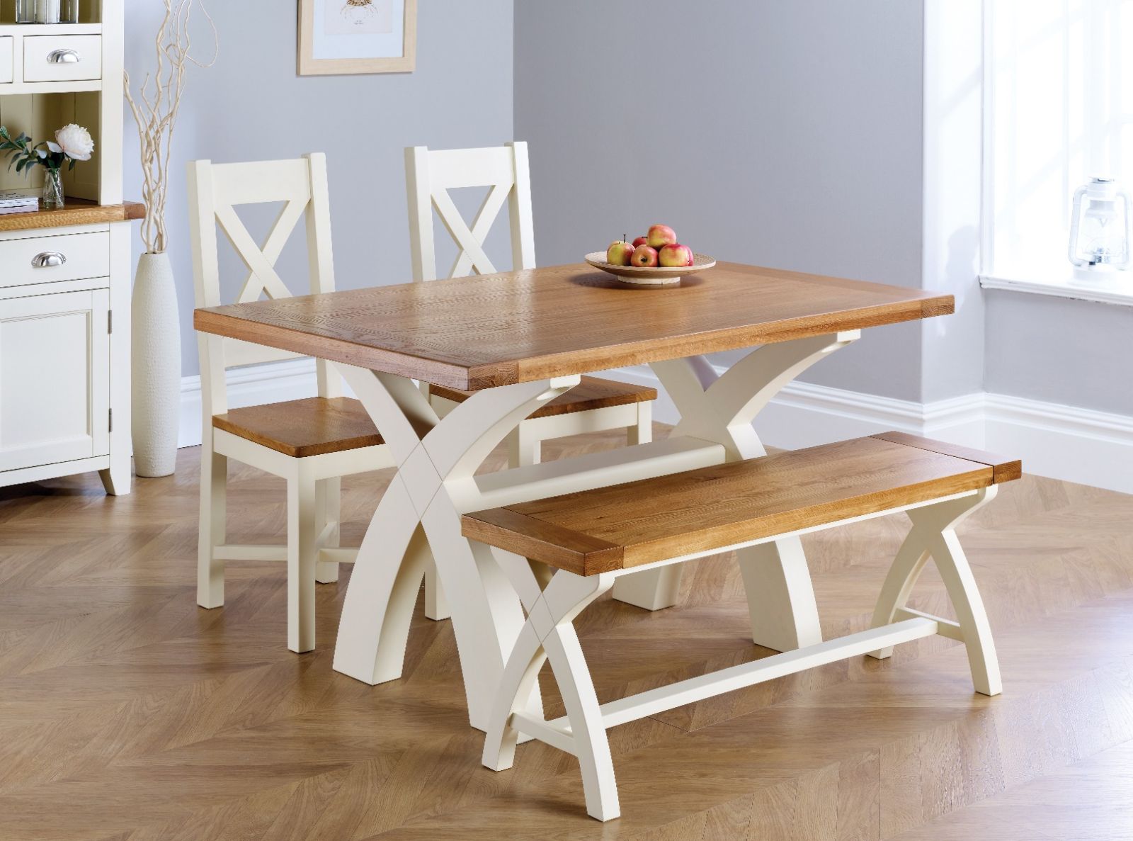 Country Oak 140cm Cream Painted X Leg Table 2 x Matching Chairs & Bench Dining Set - WINTER SALE