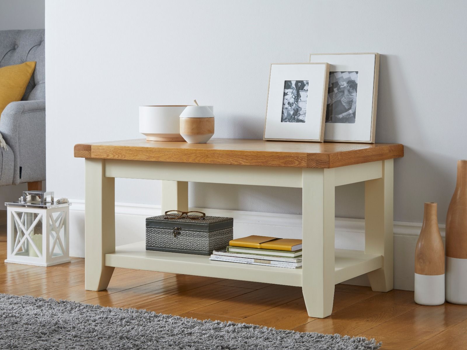 Country Cottage Cream Painted Oak Coffee Table with Shelf - 10% OFF CODE SAVE