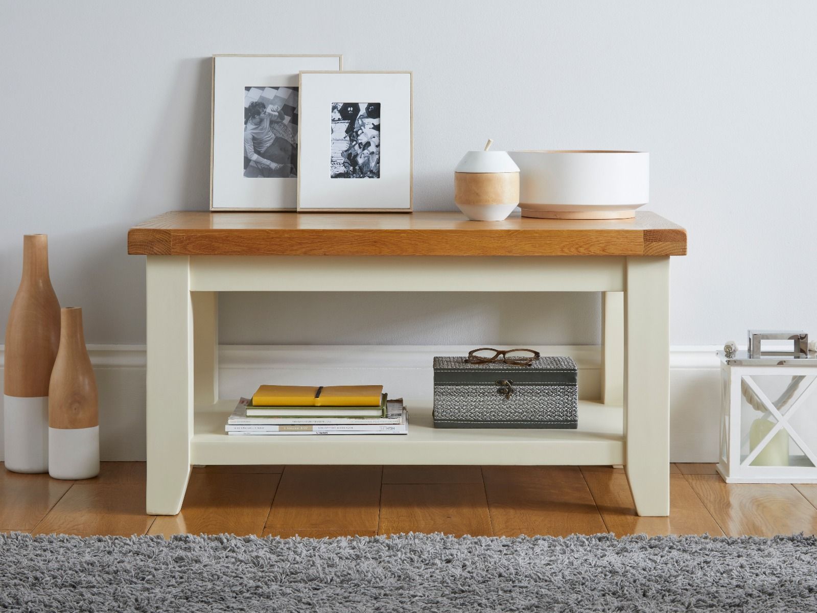 Country Cottage Cream Painted Oak Coffee Table with Shelf 10 OFF CODE SAVE