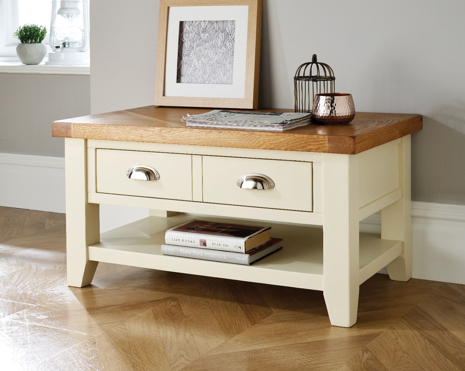 Country Cottage Cream Painted Oak Coffee Table With Drawers - WINTER SALE