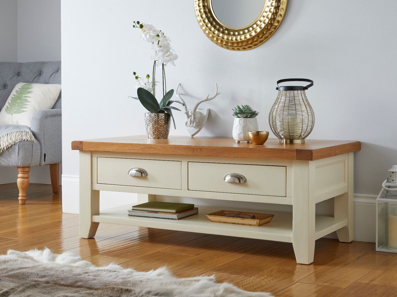 Country Cottage Cream Painted Large 4 Drawer Oak Coffee Table With Shelf - 10% OFF CODE SAVE