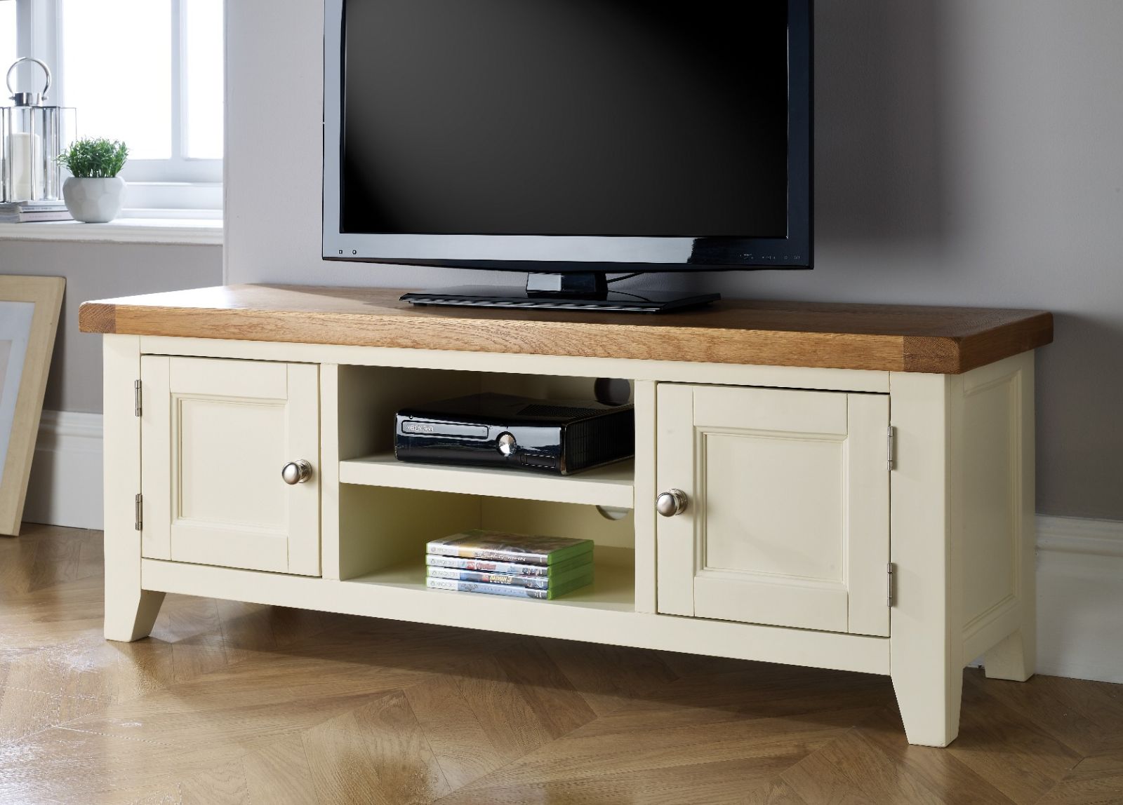 Country Cottage Cream Painted Large Double Door Oak TV Unit - 10% OFF CODE SAVE