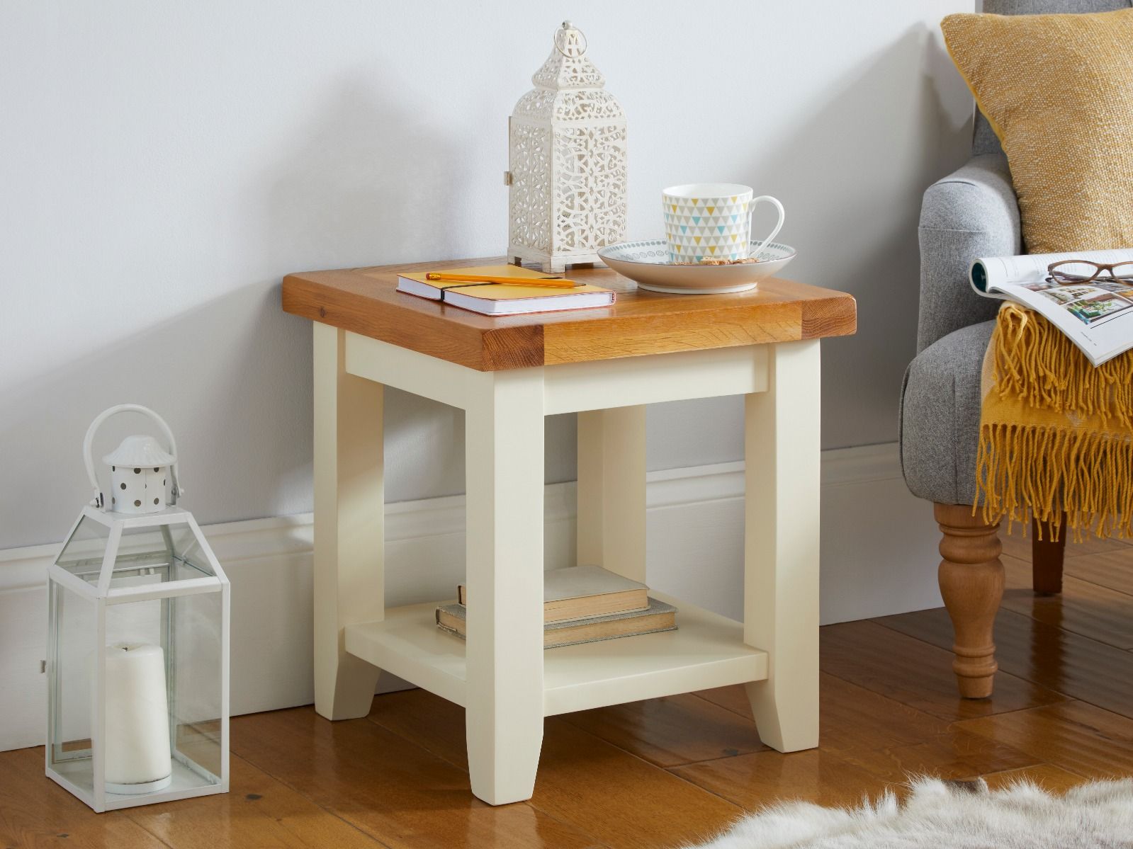 Country Cottage Cream Painted Oak Lamp Table With Shelf - 10% OFF CODE SAVE