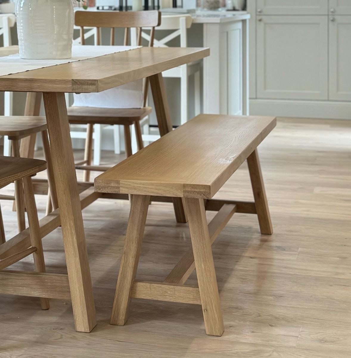Doveridge 160cm Whitewash Limed Oak Trestle Dining Bench - 10% OFF SPRING SALE