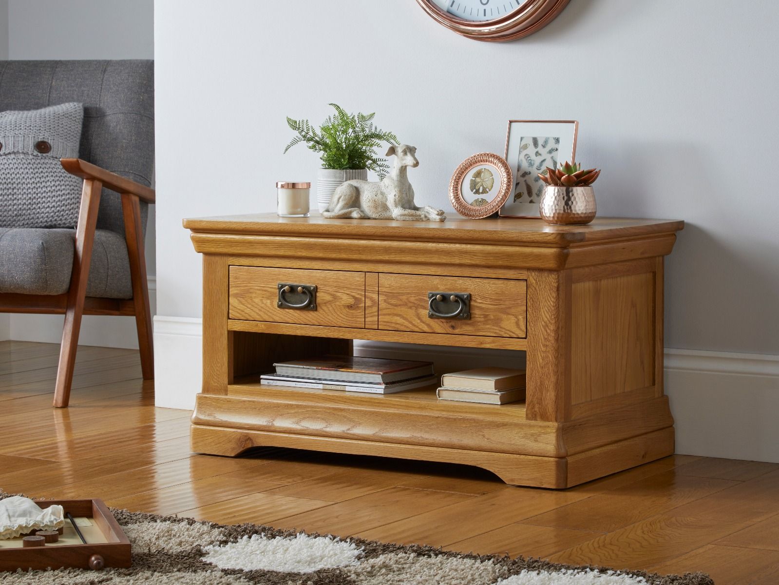 Farmhouse Oak Coffee Table with Drawer and Shelf - 10% OFF CODE SAVE