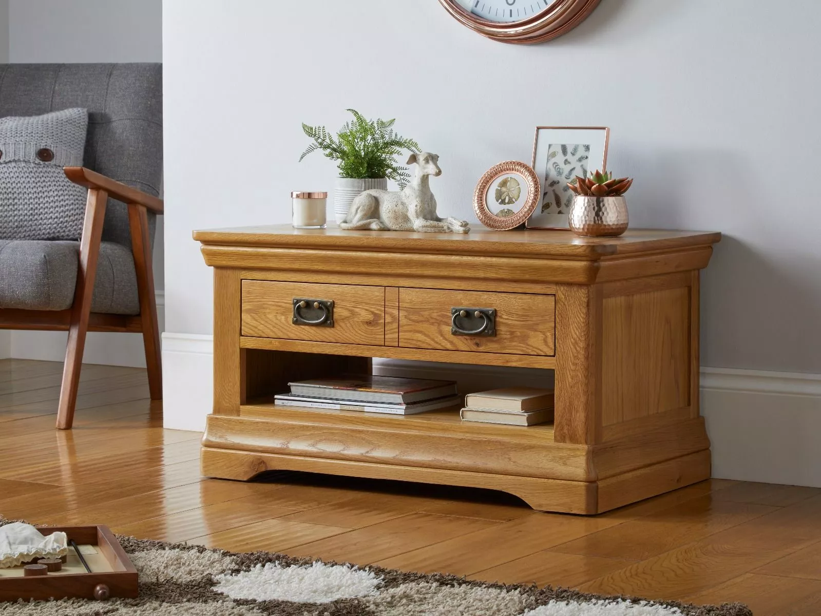 Farmhouse Oak Coffee Table with Drawer and Shelf