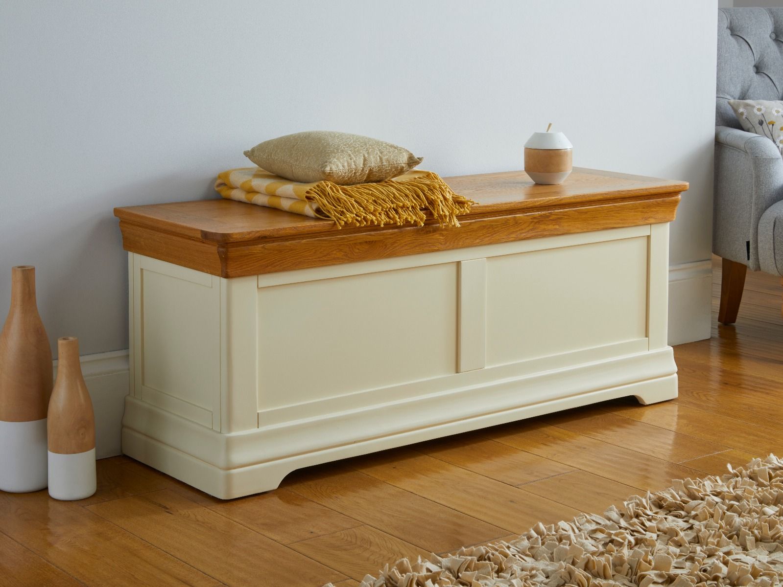 Large Cream Painted Oak Blanket Storage Ottoman Box French