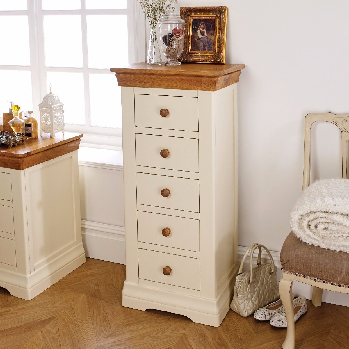 Cream painted oak shop chest of drawers