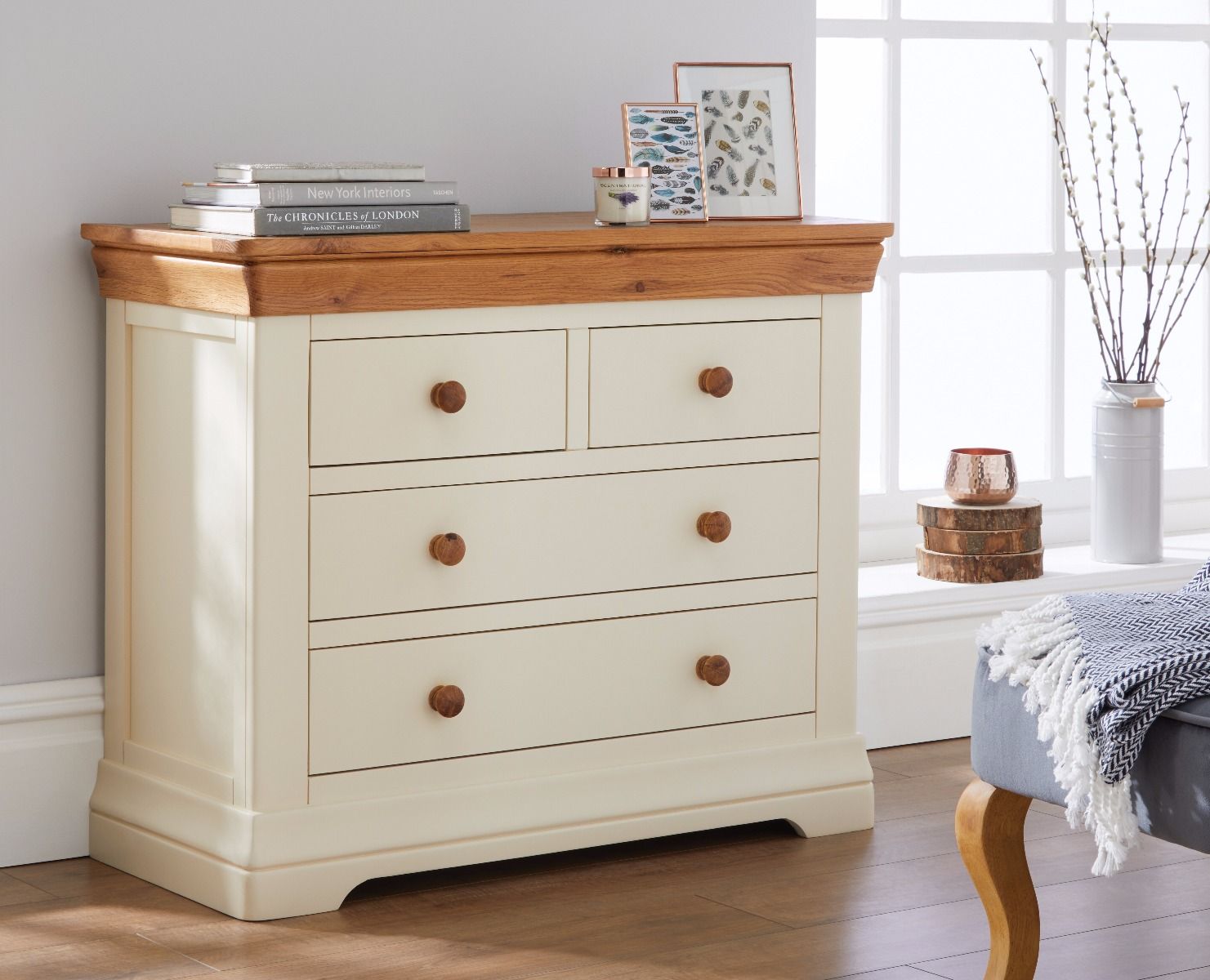 Farmhouse Country Oak Cream Painted 2 Over 2 Chest of Drawers - 10% OFF CODE SAVE