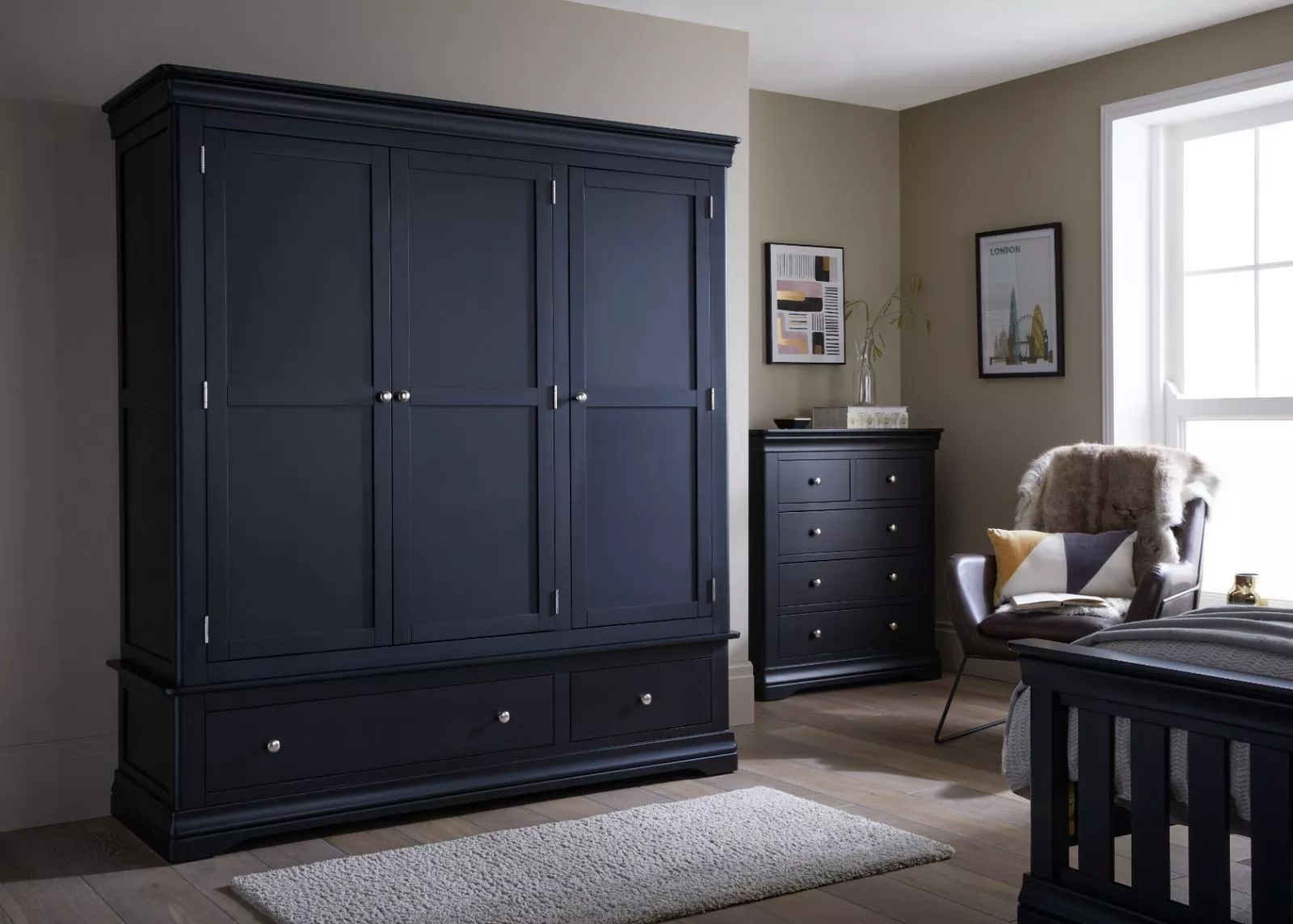 Toulouse Black Painted Large Triple Wardrobe with Drawer