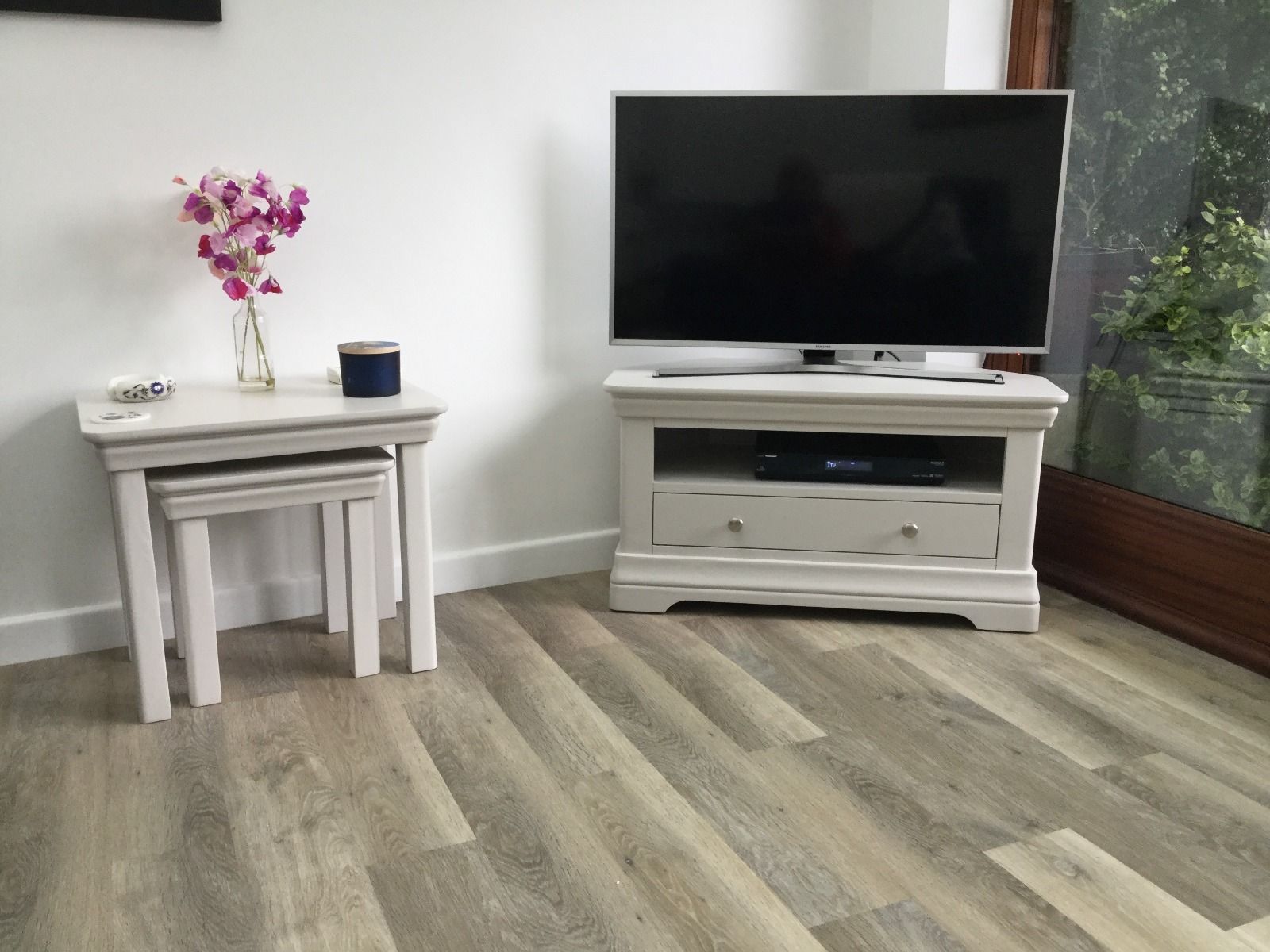 Toulouse Grey Painted Corner TV Unit with Drawer Fully Assembled