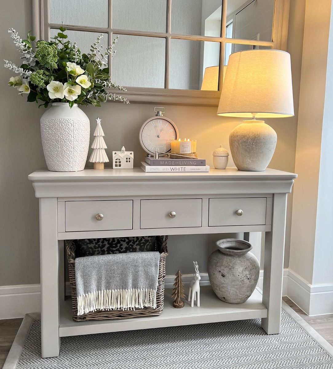 Grey console shop table with drawers