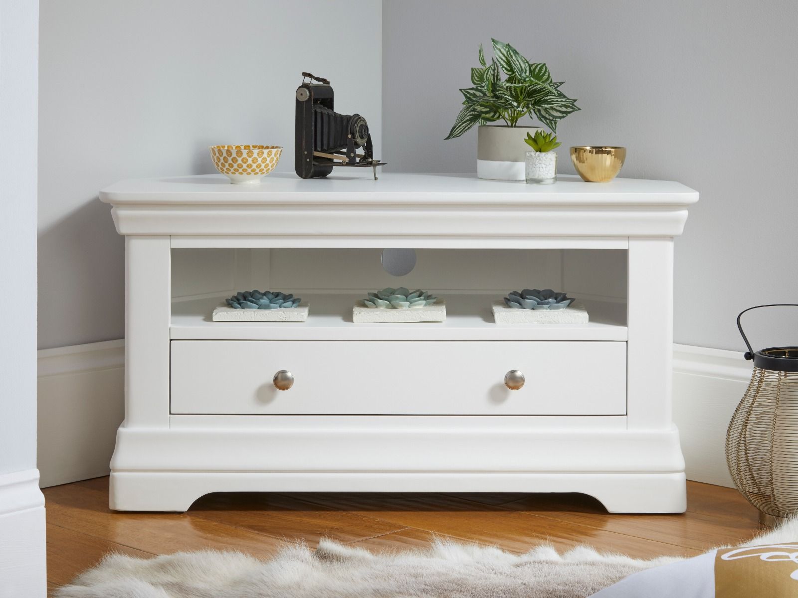 White shabby chic corner cheap tv unit