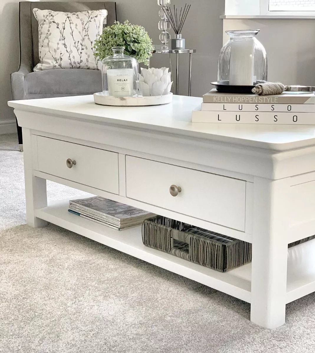Toulouse White Painted Large Coffee Table 4 Drawers with Shelf Assembled