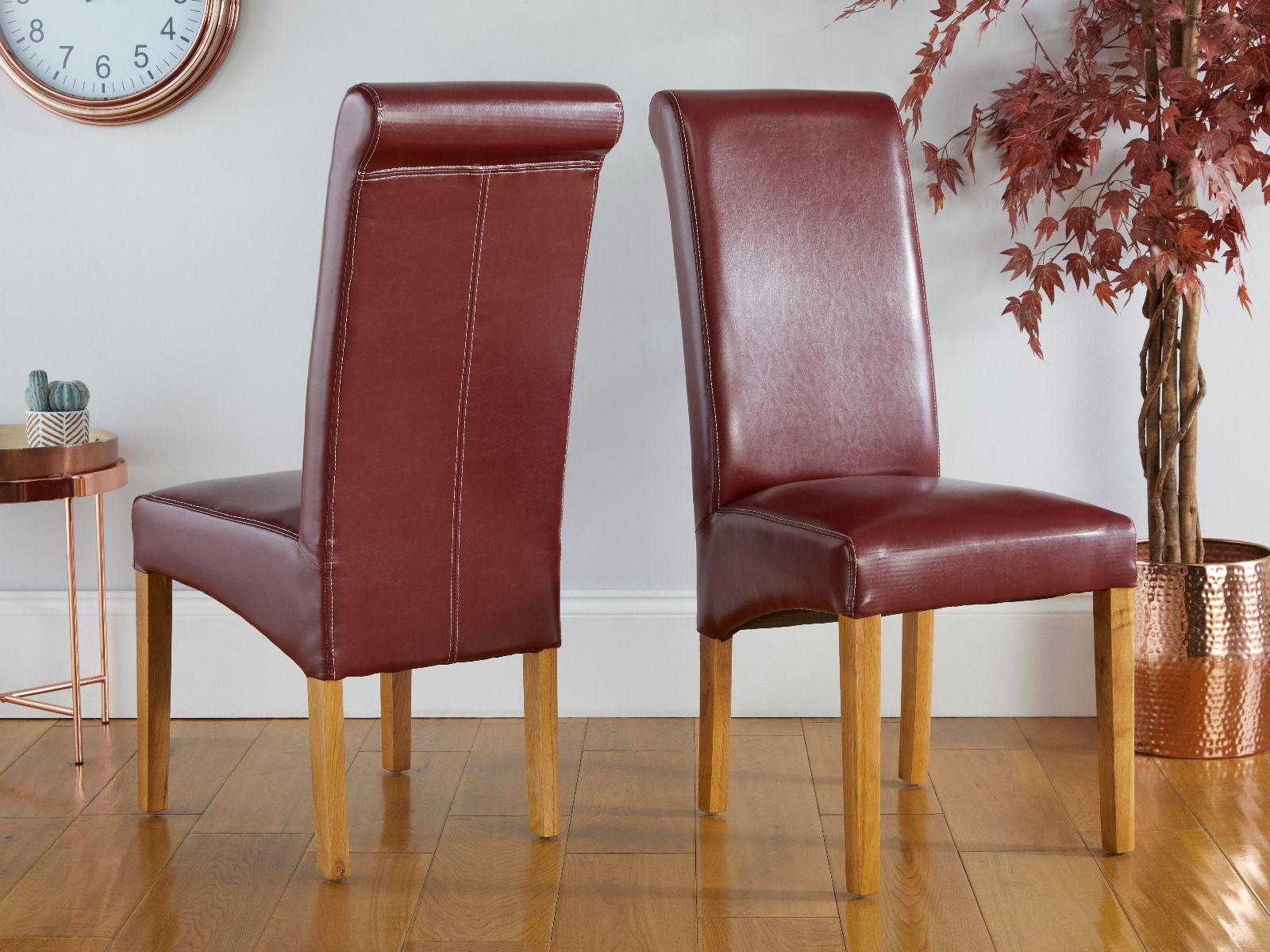 Tuscan Claret Red Leather Scroll Back Dining Chair Oak Legs - WINTER SALE