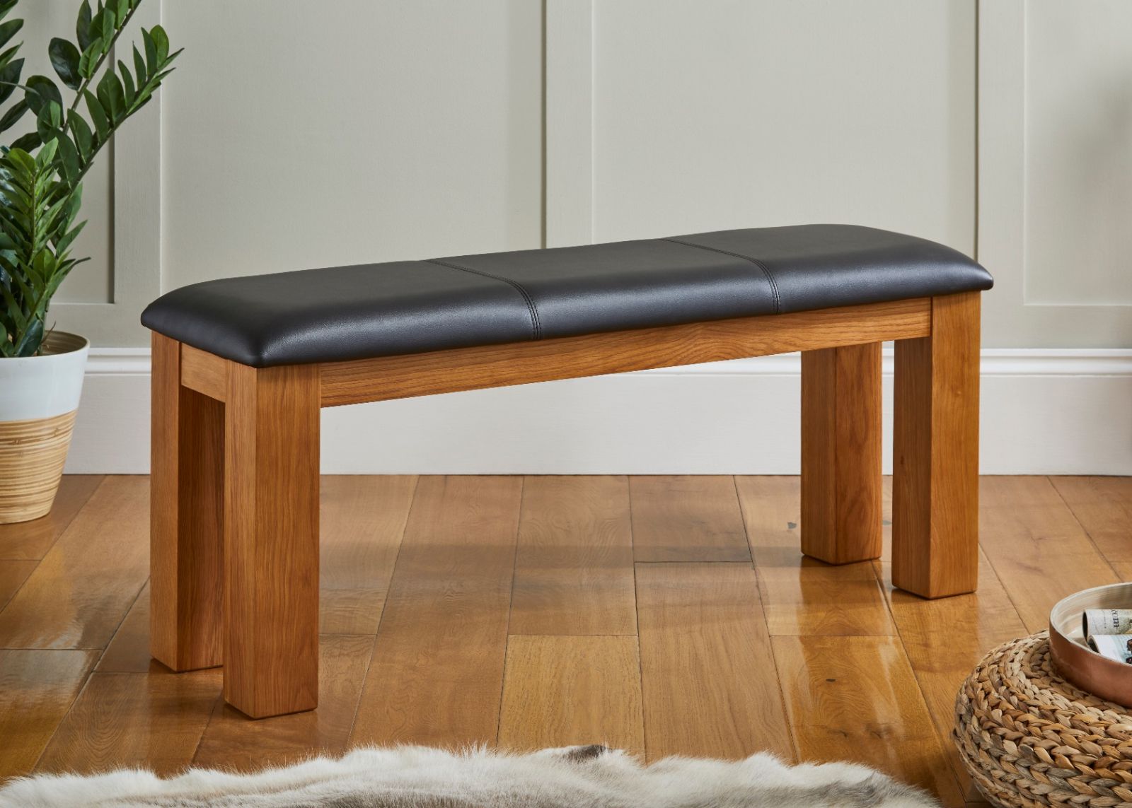 Country Oak 120cm Brown Leather Chunky Oak Bench - 10% OFF WINTER SALE