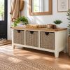 Country Cottage Cream Painted Oak Hallway Shoe Storage Bench with 3 Wicker Baskets - £70 Off Autumn Sale - 2