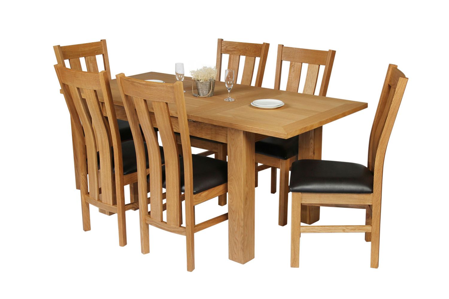 Caravella 170cm Extending Oak Table 6 Churchill Brown Leather Chair Set - SUMMER MEGA DEAL