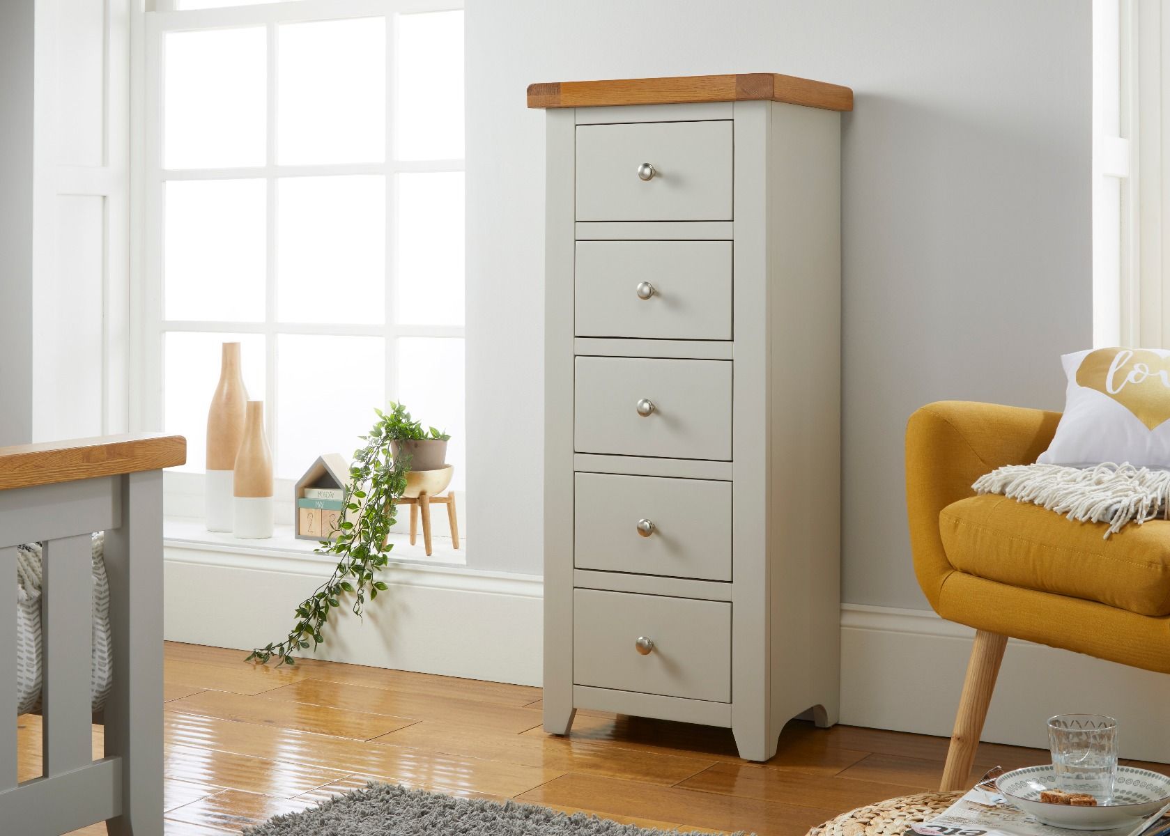 Cheshire Grey Painted 5 Drawer Tallboy Oak Chest of Drawers - Summer Sale