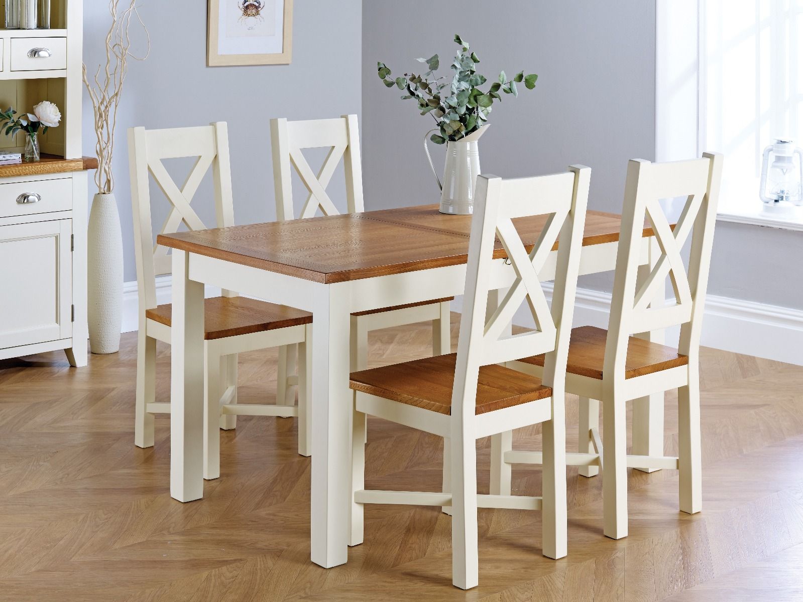 Country Oak 180cm Cream Painted Extending Dining Table and 4 Grasmere Cream Painted Chairs