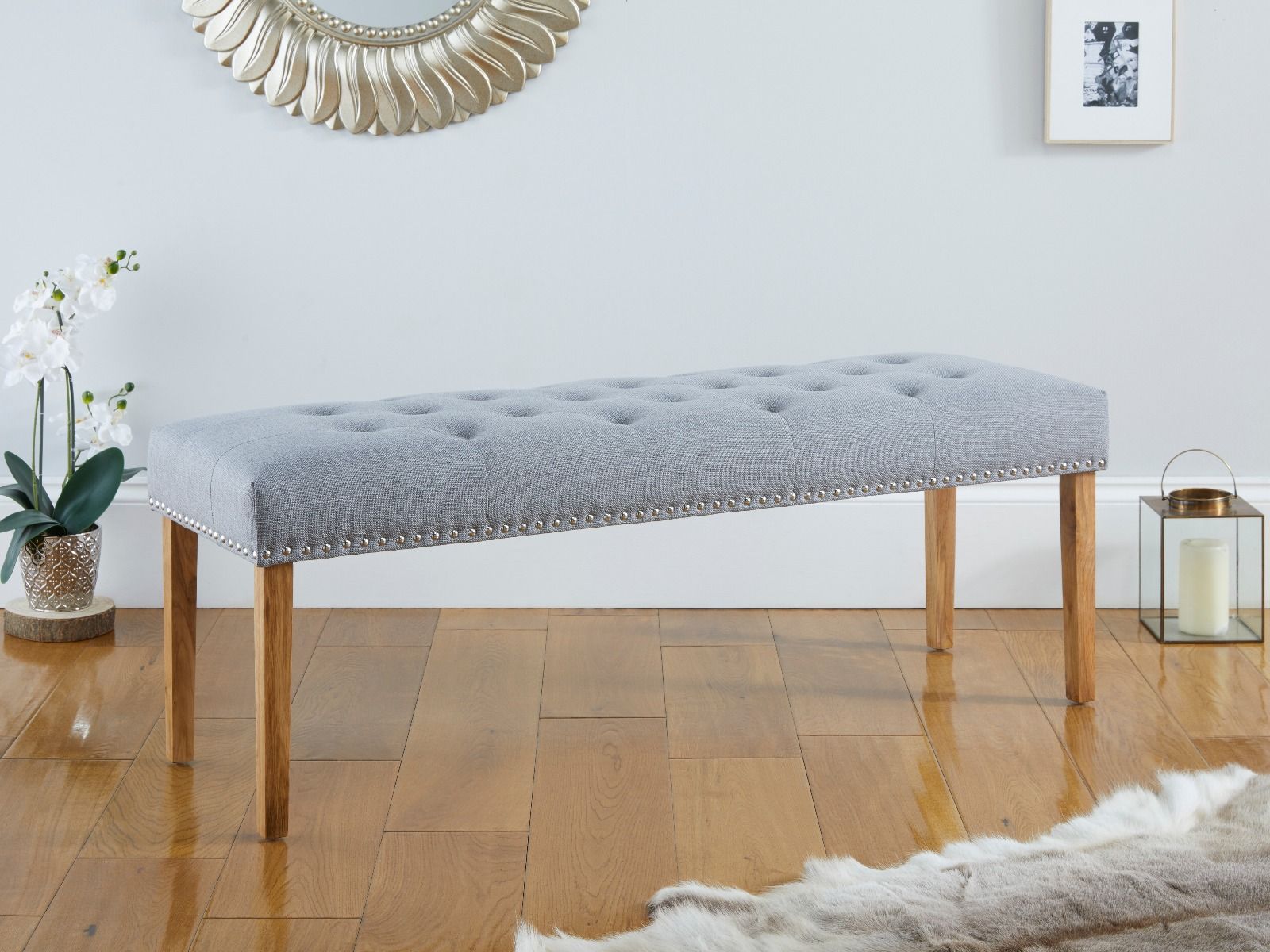 Highgrove Silver Grey Fabric Studded Medium Oak Dining Bench - Summer Sale