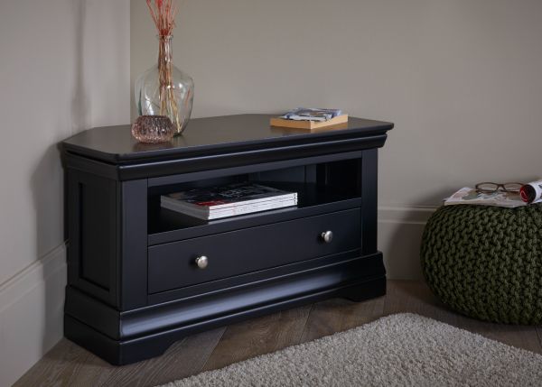 Toulouse Black Painted Fully Assembled Corner TV Unit with Drawer - WINTER SALE