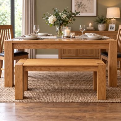 Cambridge 115cm Indoor Oak Dining Bench in solid oak styled with matching dining table and chairs