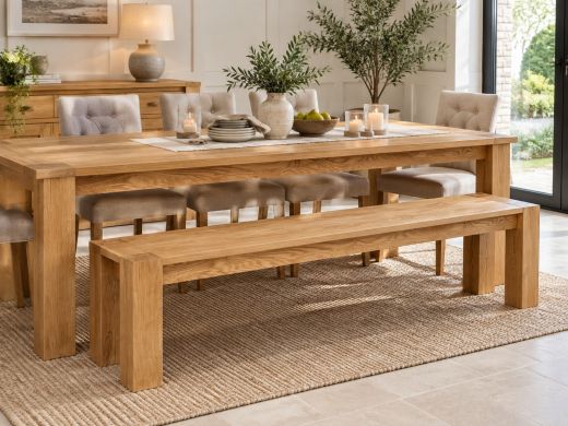 Cambridge 2m large wooden oak dining bench in a bright modern farmhouse dining room