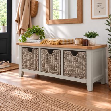 Cheshire Grey Painted Large Hallway Shoe Bench with 3 Wicker Baskets and Oak Top in Hallway