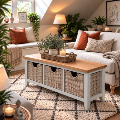 Cheshire Grey Painted Large Hallway Shoe Bench with 3 Wicker Baskets and Oak Top in Living Room