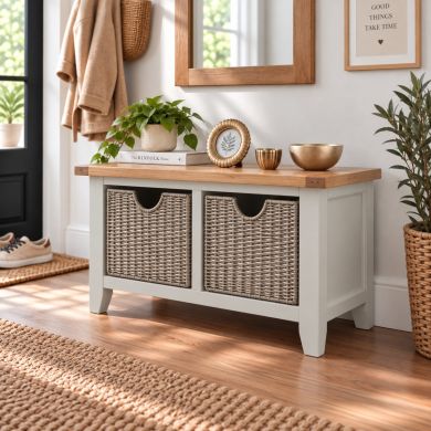 Cheshire Grey Painted Hallway Shoe Bench with 2 Wicker Baskets and Oak Top in Hallway