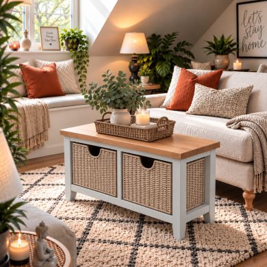 Cheshire Grey Painted Hallway Shoe Bench with 2 Wicker Baskets and Oak Top in Living Room