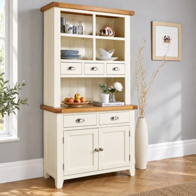 Country Cottage cream painted 100cm oak buffet and hutch dresser display unit with shelves, drawers and cupboard storage