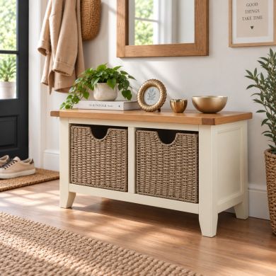 Country Cottage Cream Painted Oak Shoe Storage Bench with 2 Baskets
